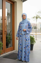 Raya Noor Blue Abaya | Printed Front-Open